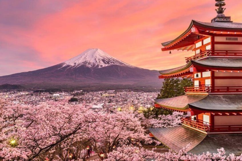 A traditional Japanese pagoda with cherry blossoms in the foreground and Mount Fuji in the background. 1