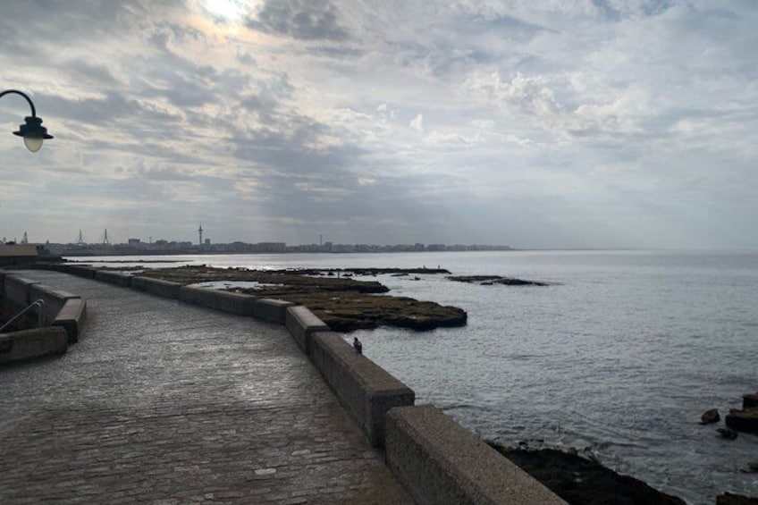 A waterfront promenade with a lamppost, a stone railing, and a distant city skyline. 3