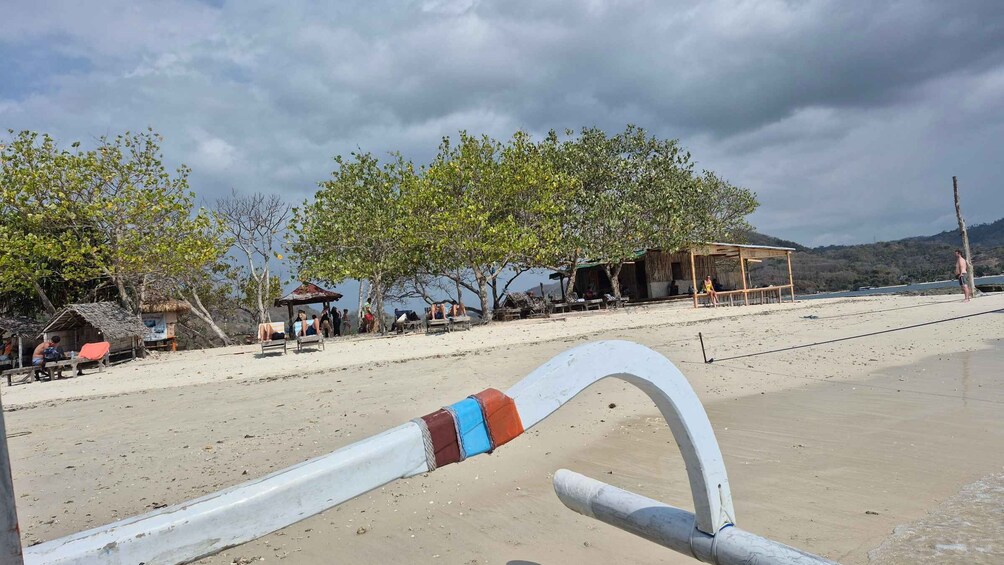 A beach with people relaxing under trees, a wooden structure, and a sandy shore. 3