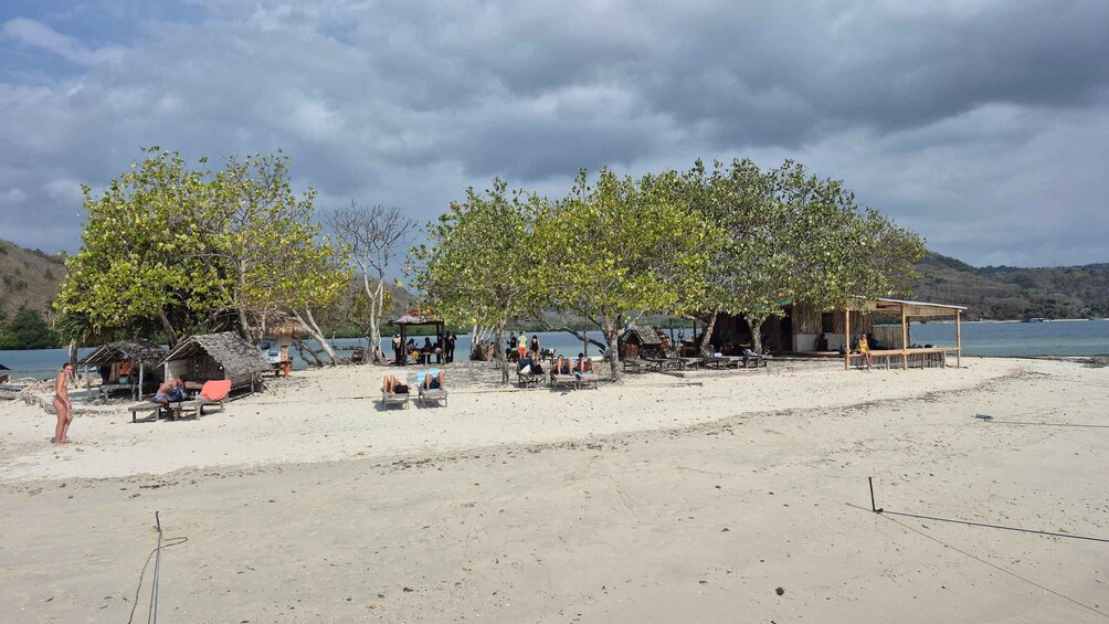 A beach with people relaxing under trees, a wooden structure, and a clear view of the water. 2