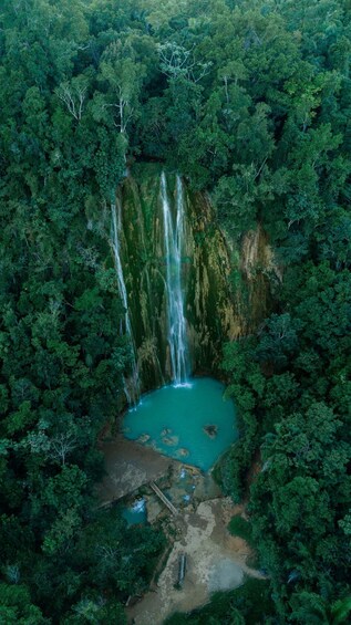 A waterfall surrounded by dense forest. 1