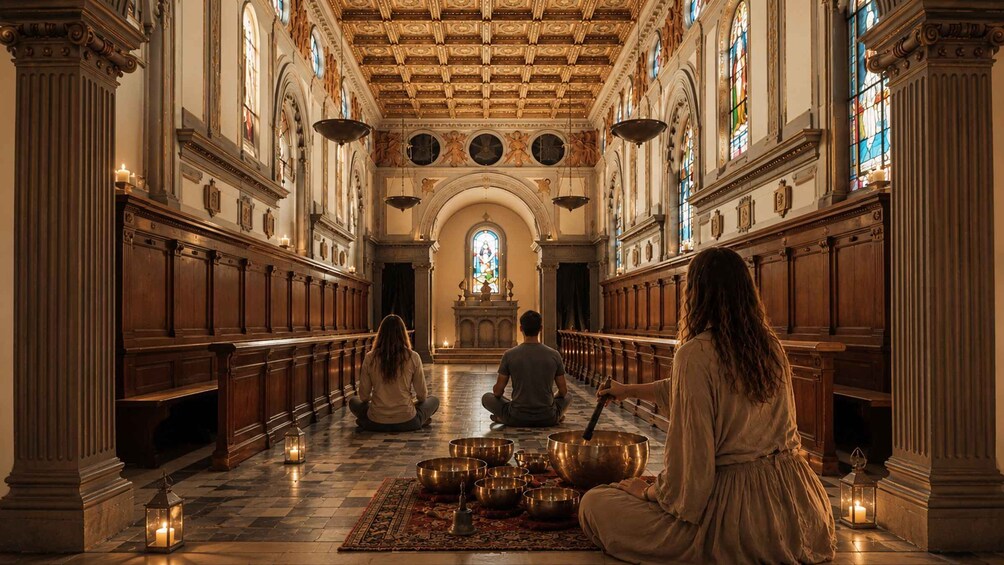 A church interior with a central aisle, wooden pews, and a stained glass window. 1