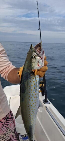 A person holding a fish with a fishing rod. 4