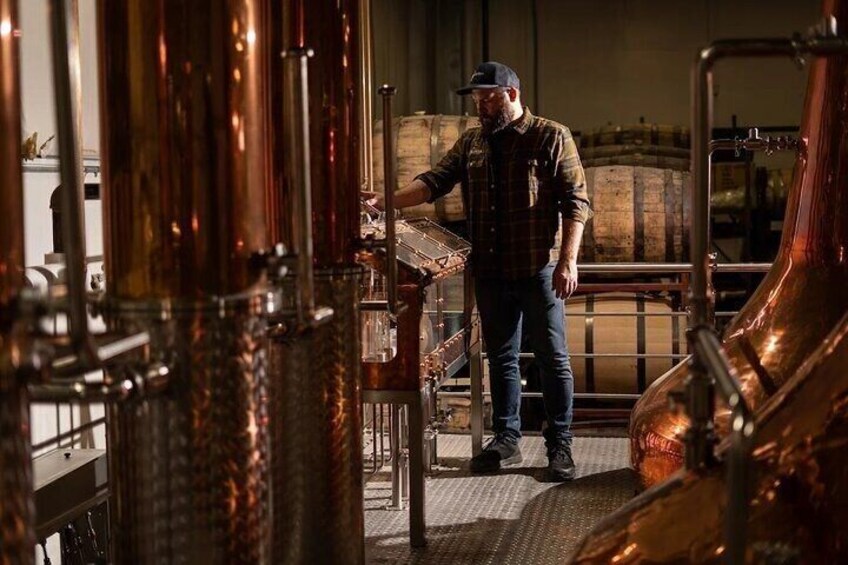 A person in a brewery setting, surrounded by copper brewing equipment. 5