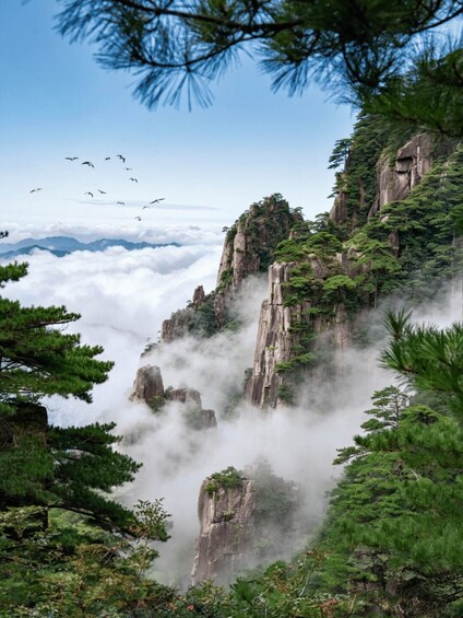 A mountainous landscape with dense forests, rocky cliffs, and a layer of clouds below. 4
