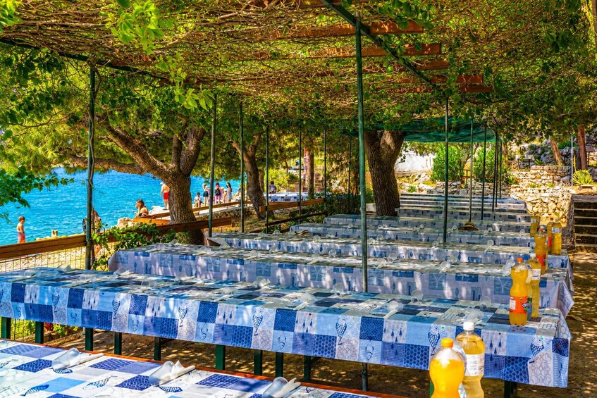 An outdoor dining area with tables covered in blue and white patterned tablecloths, surrounded by trees and overlooking a body of water. 2