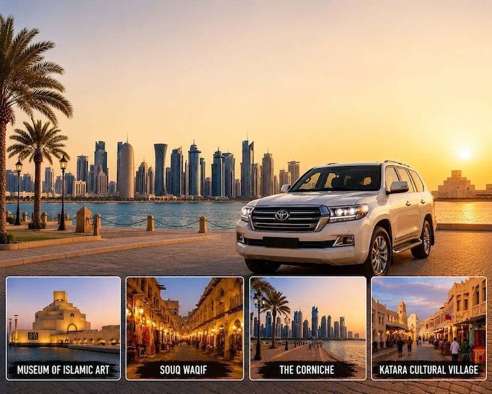 A cityscape with a modern skyline, a white SUV, and landmarks like the Museum of Islamic Art, Souq Waqif, The Corniche, and Katara Cultural Village. 2