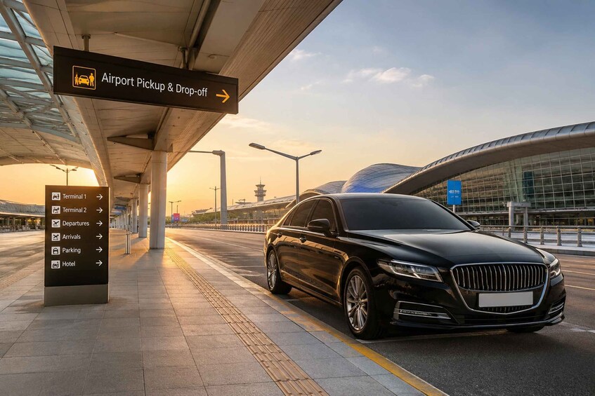 A black car parked near a sign for airport pickup and drop-off, with a terminal and modern architecture in the background. 2