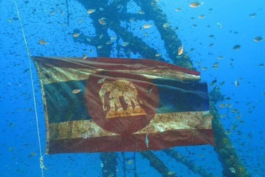 An underwater flag with a central emblem, surrounded by marine life. 2