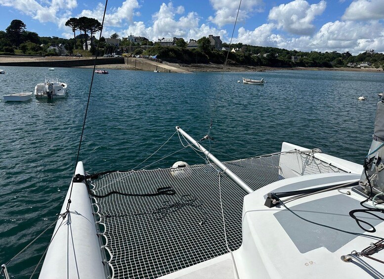 A calm harbor with boats, a clear sky, and a distant shoreline with buildings. 2