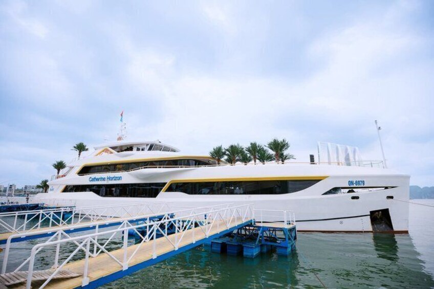 A white yacht named 'Catherine Horizon' docked at a marina with palm trees in the background. 1