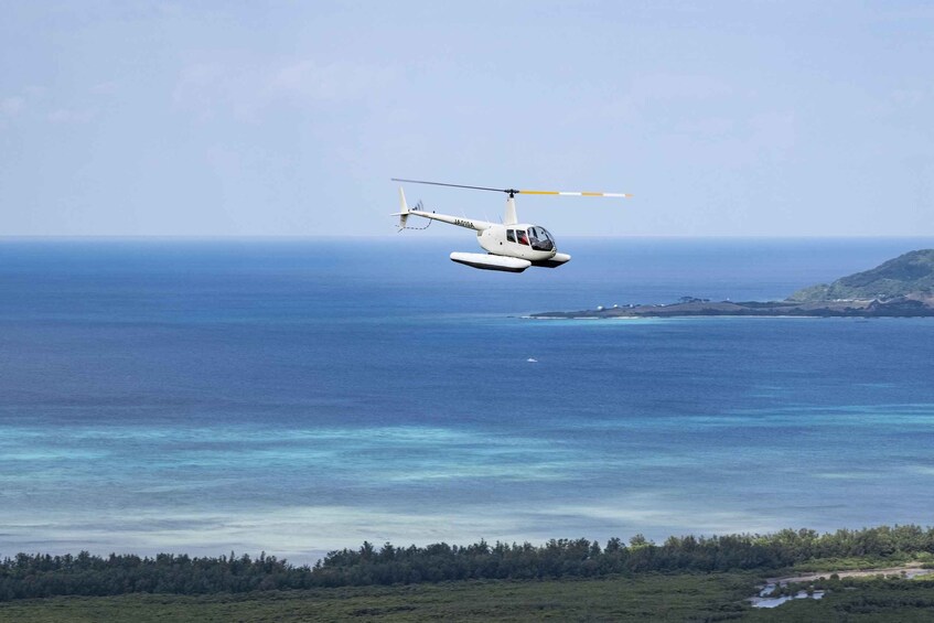 A helicopter flying over a coastal area with clear blue waters and a distant shoreline. 5