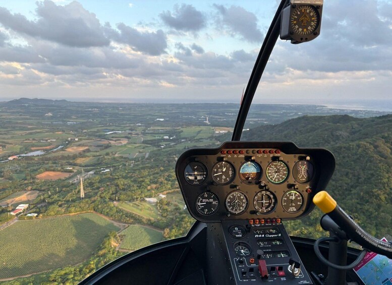 A helicopter cockpit with multiple gauges and a view of a landscape with fields and hills. 2