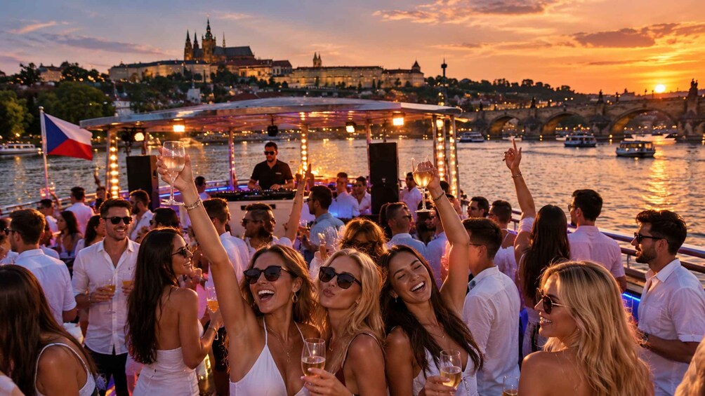 A group of people on a boat with a cityscape in the background. 1