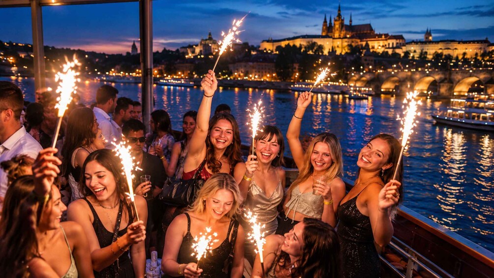 A group of people holding sparklers by a river with a historic building in the background. 5