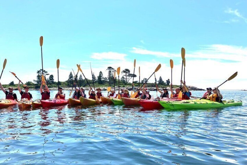 A group of people in colorful kayaks on a calm body of water with trees in the background. 1
