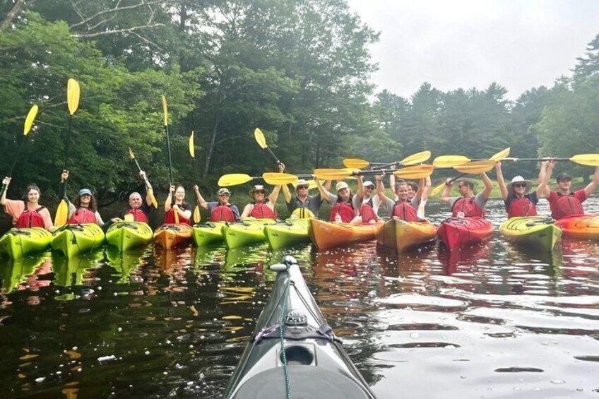 A group of people kayaking in a forested area. 3