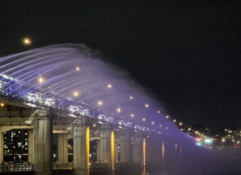 A bridge with water jets and illuminated lights at night. 4
