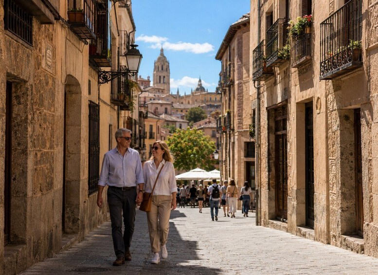 A couple walking down a cobblestone street lined with historic buildings and a prominent church spire in the distance. 5