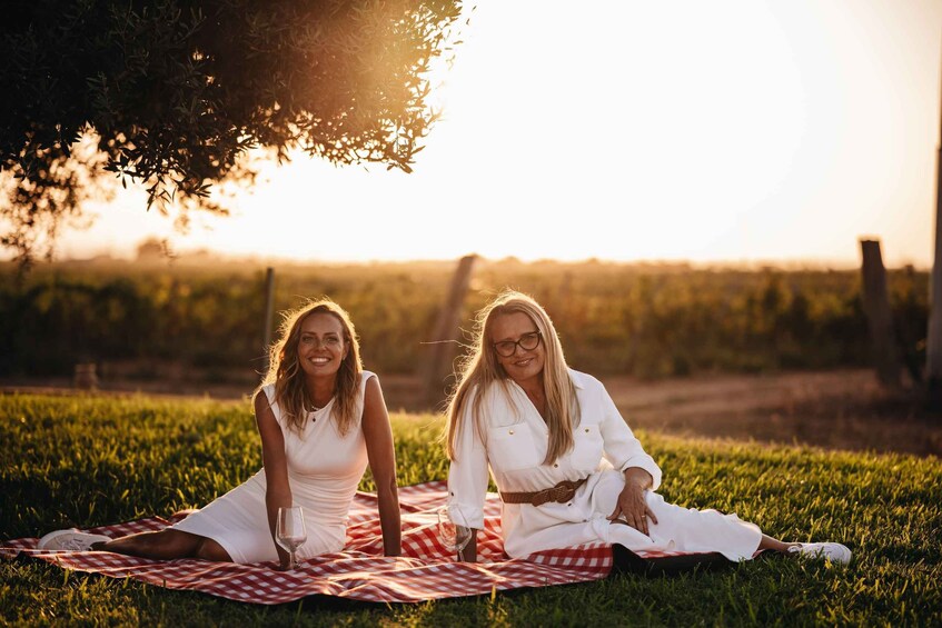 Two women sitting on a checkered blanket in a grassy field with a tree and a fence in the background. 3