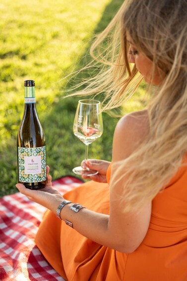 A person holding a bottle of wine and a glass, sitting on a red and white checkered blanket outdoors. 2