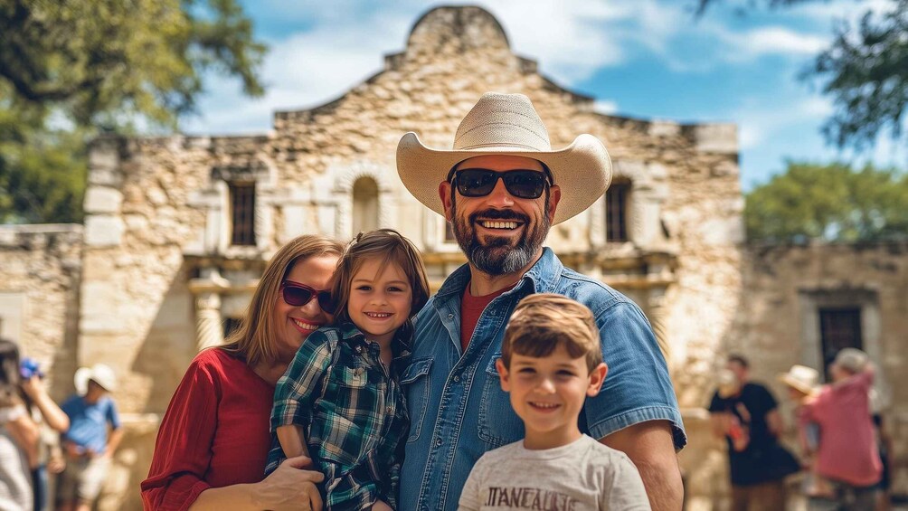 A family in front of a historic stone building with arched windows. 3