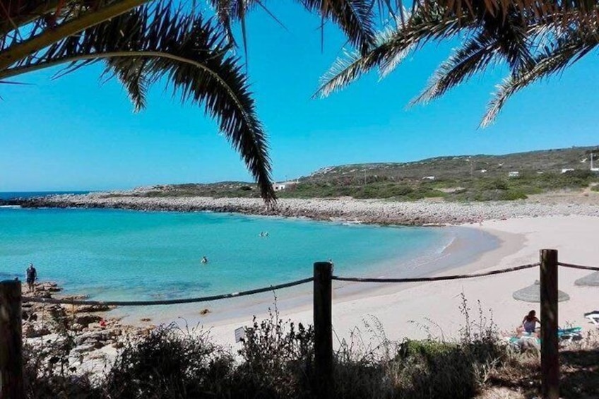 A beach with clear turquoise water, a sandy shore, and a few people swimming. 1