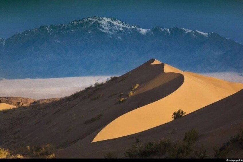 A desert landscape with sand dunes and a mountain range in the background. 2