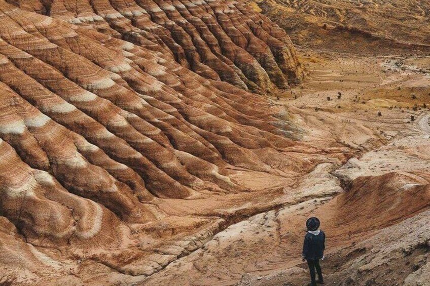 A person standing on a terraced landscape with distinct horizontal layers. 1
