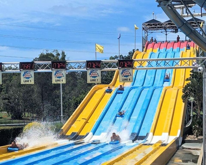 A water slide with lanes 5 to 8, each marked with a timer. 3