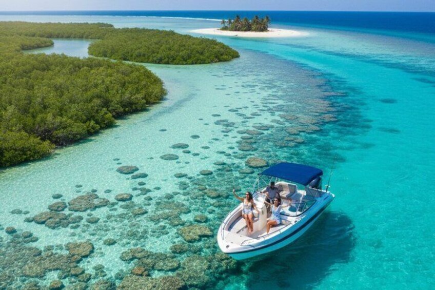 A boat on clear turquoise waters with visible coral reefs and a small island with vegetation in the background. 1