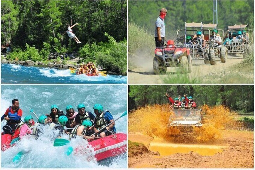 A river rafting activity, a group of people on a raft, and a vehicle driving through a muddy area. 1