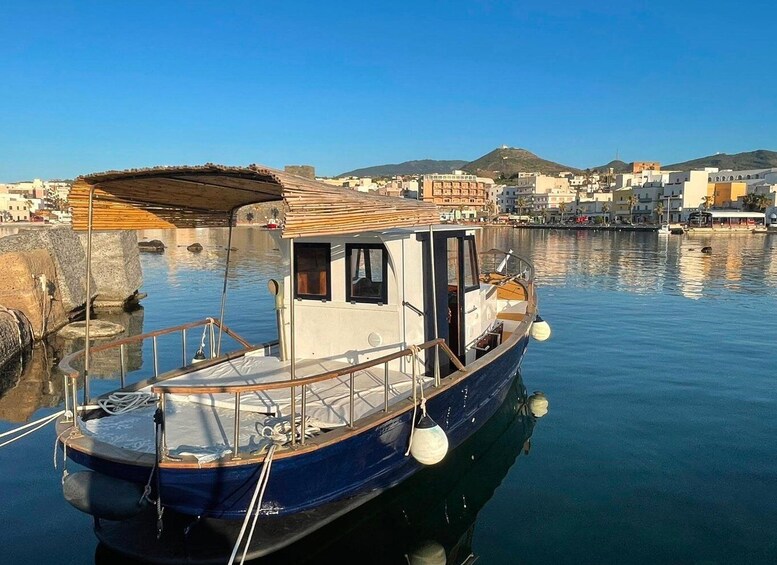 A blue boat docked at a harbor with buildings and hills in the background. 4