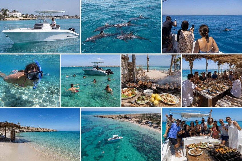 A boat, dolphins, people snorkeling, a beach, and a group dining. 2