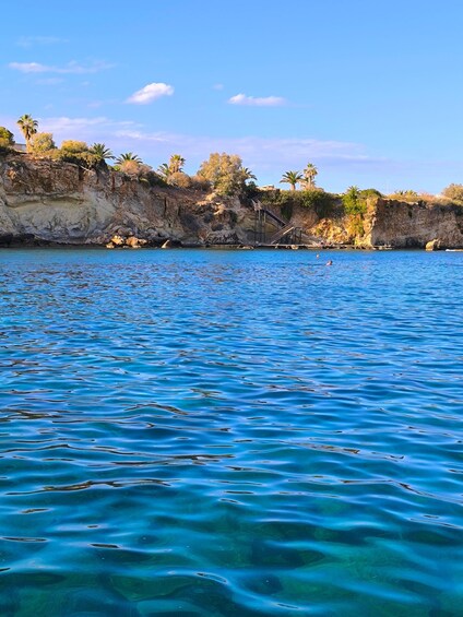 A clear blue sea, rocky cliffs, and palm trees. 4