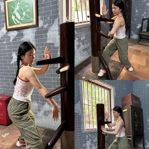 A person performing pull-ups on a wooden bar. 5