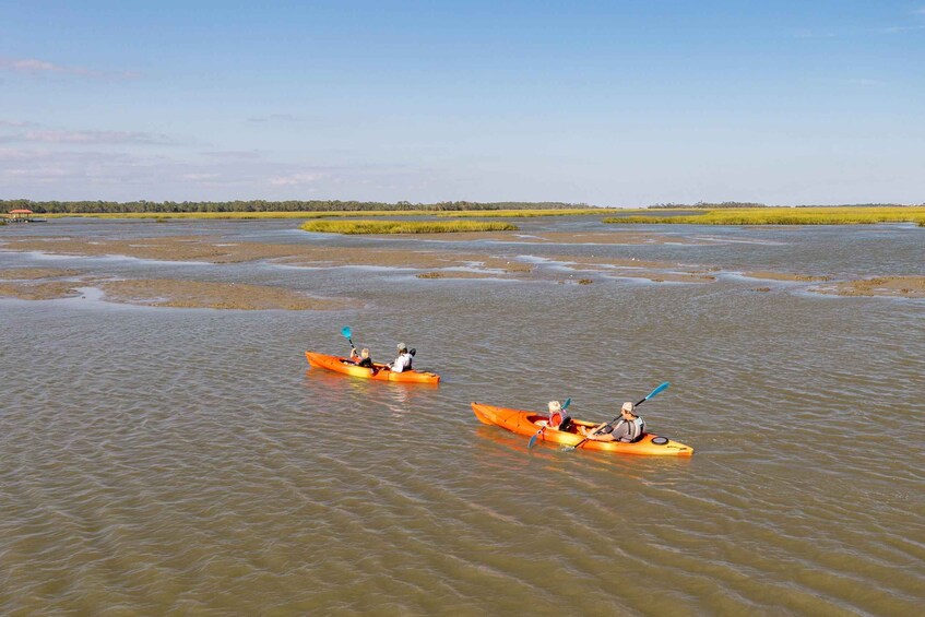 Two people kayaking on a calm river surrounded by marshland. 3