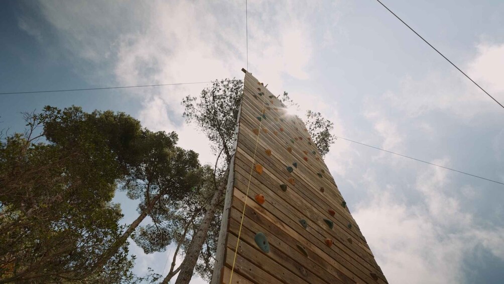 A wooden climbing wall with handholds against a sky with clouds. 2