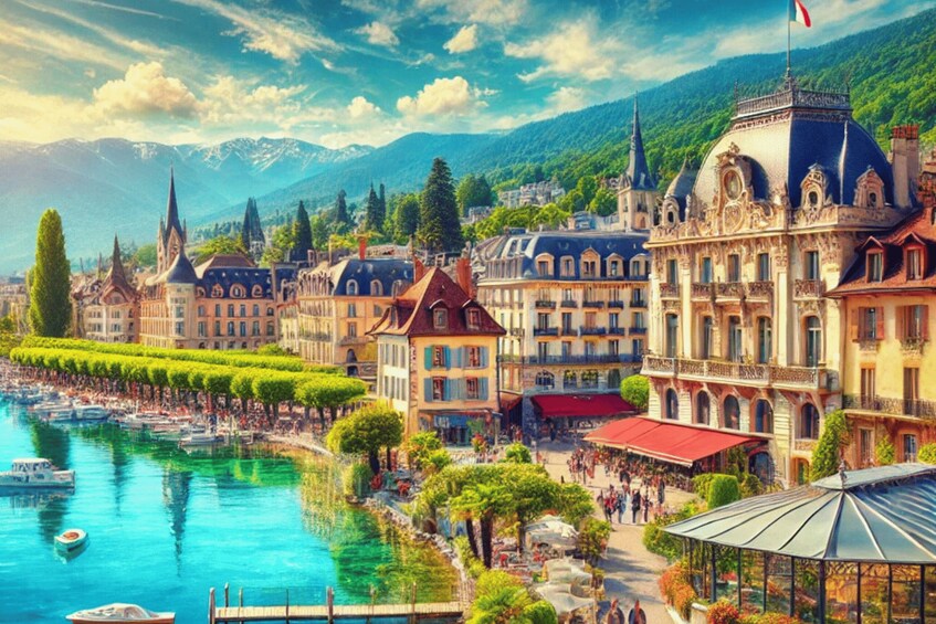 A picturesque riverside town with historic buildings, a clear blue river, and lush greenery. 1