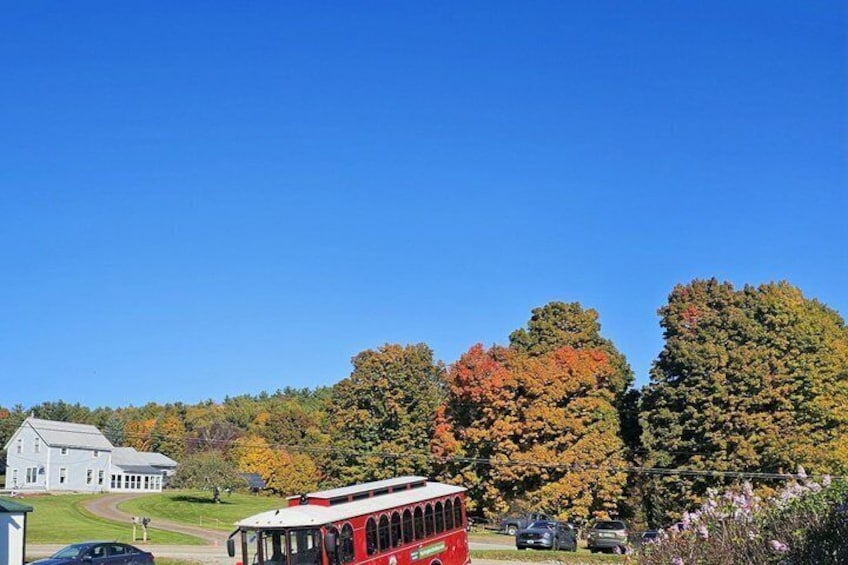 A red bus, a white building, and autumn-colored trees. 3