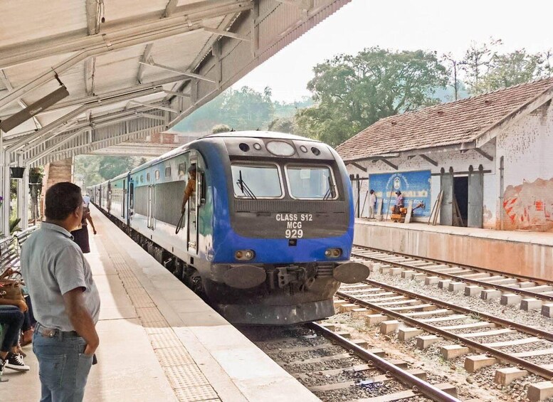 A blue and black train labeled 'CLASS S12 MCG 929' at a station platform. 3