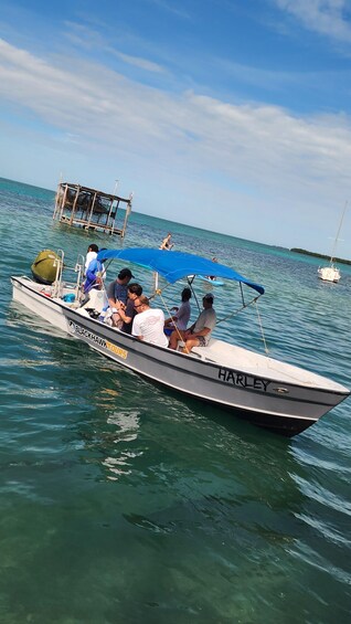 A boat named 'HARLEY' with passengers and a blue canopy, sailing on clear turquoise water. 4