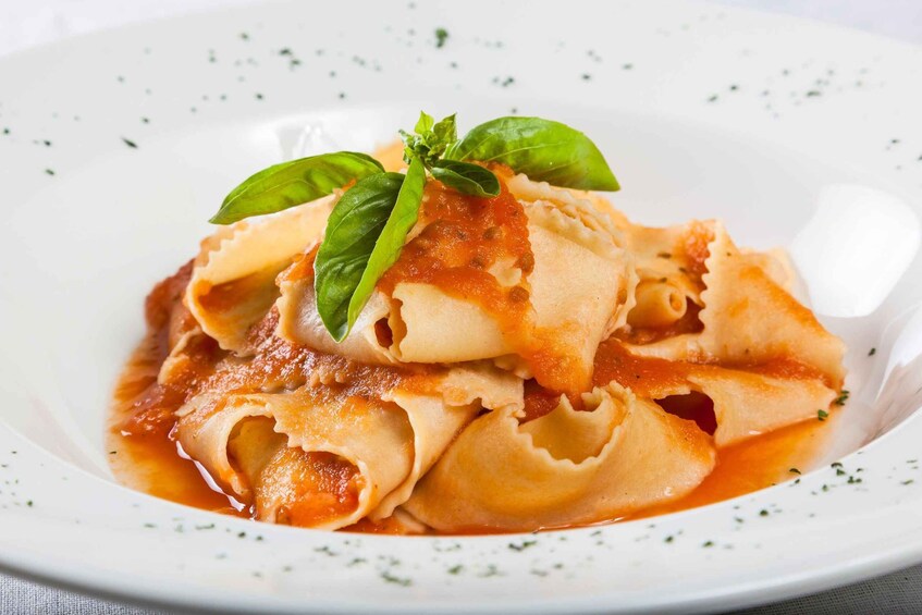 Ravioli pasta with tomato sauce and basil garnish on a white plate. 3