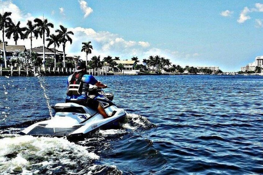 A person jet-skiing on a body of water with palm trees and buildings in the background. 1