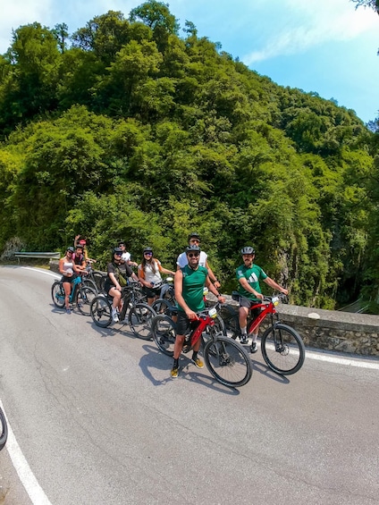 A group of cyclists on a paved road with a forested hillside in the background. 5