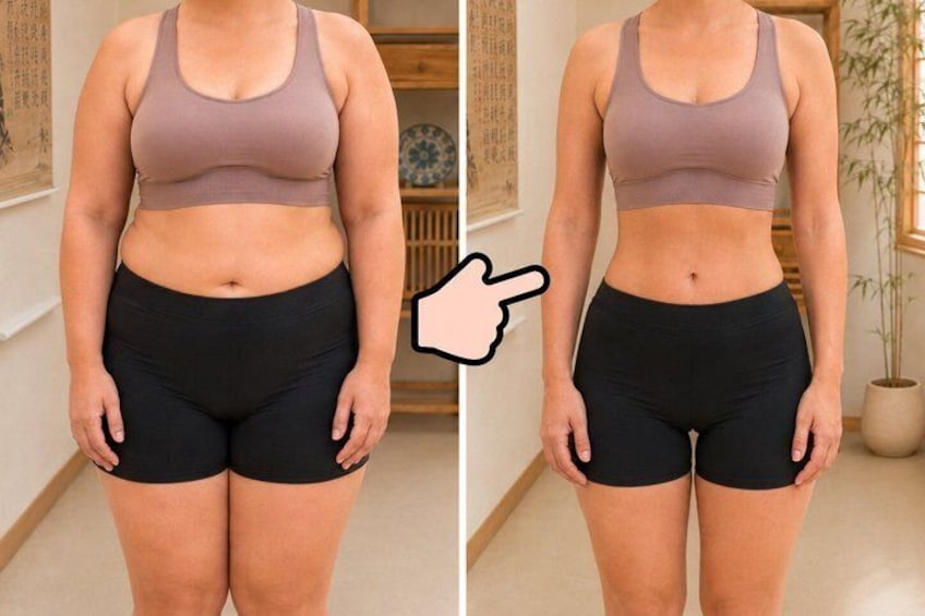 A person wearing a sports bra and shorts, with a pointing finger indicating a specific area. 1