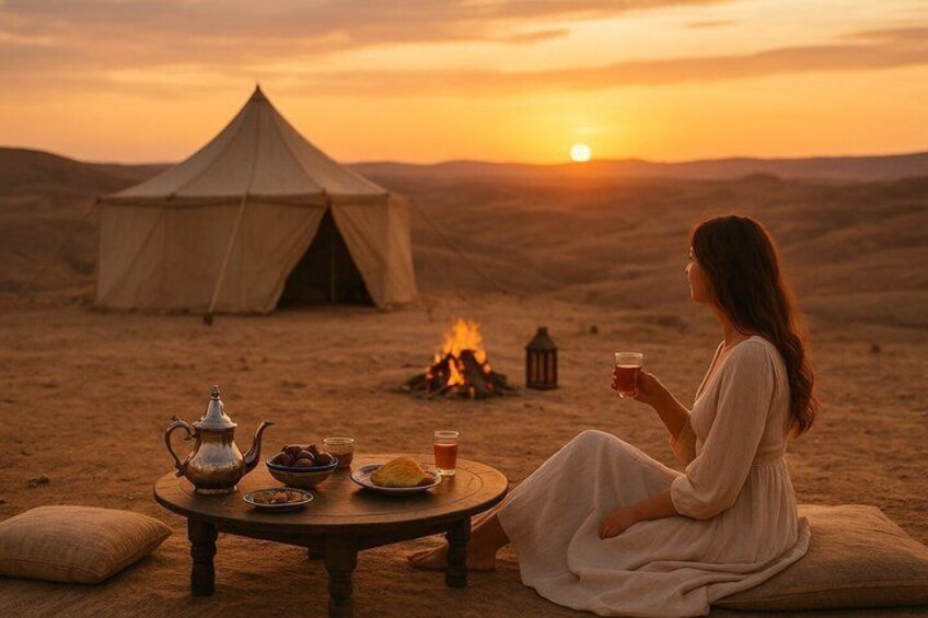 A desert scene with a tent, a campfire, and a person sitting on a cushion with a table set for tea and snacks. 5