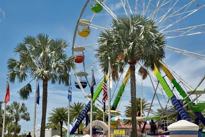 A Ferris wheel, palm trees, and flags. 3