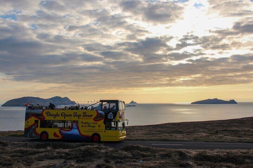 A double-decker bus with 'Dingle Open Top Tour' written on it, parked on a road with a view of the sea and islands in the background. 1