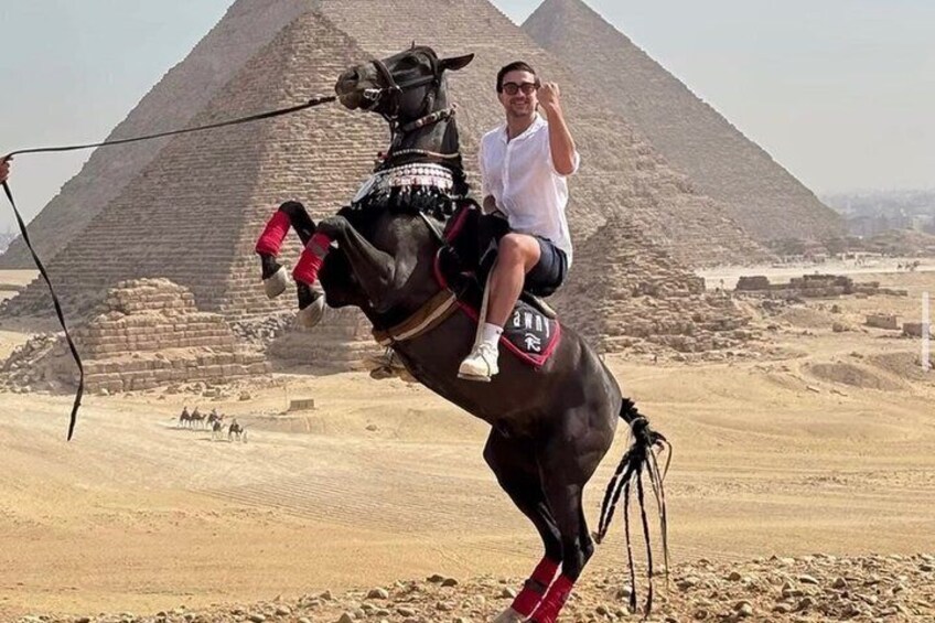 A person riding a camel with a harness in front of the Great Pyramid of Giza. 1